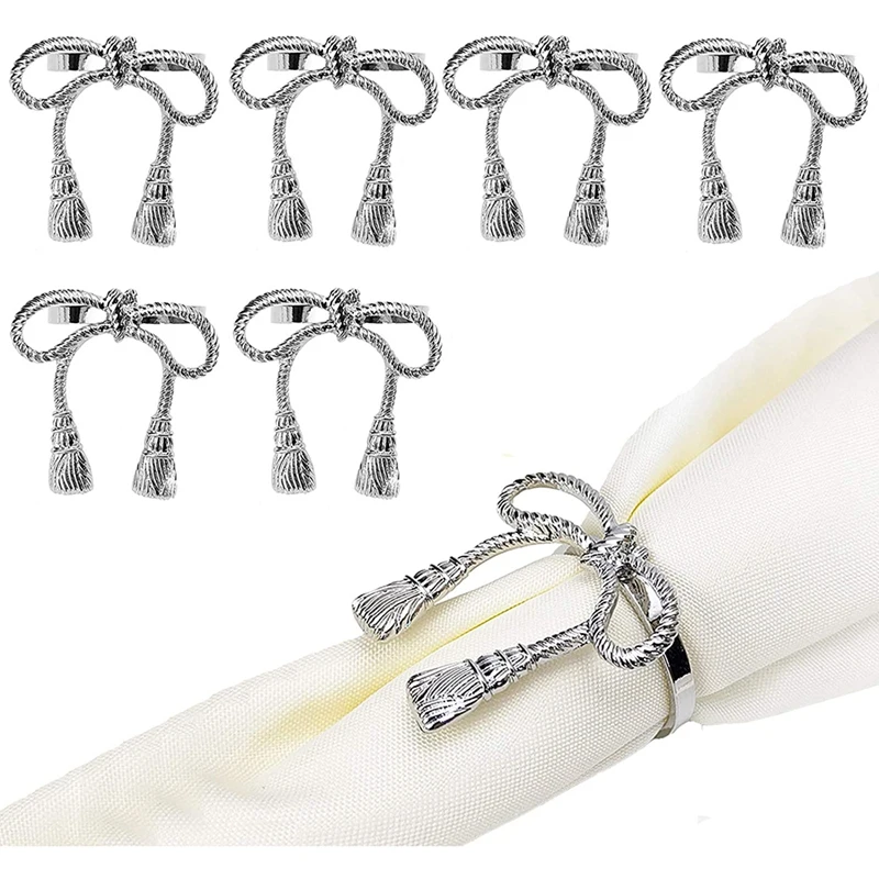 

Bowknot Silver Leaf Napkin Rings Set Of 6, Napkin Holder Ring For Birthday Party Festival Wedding Table Decoration