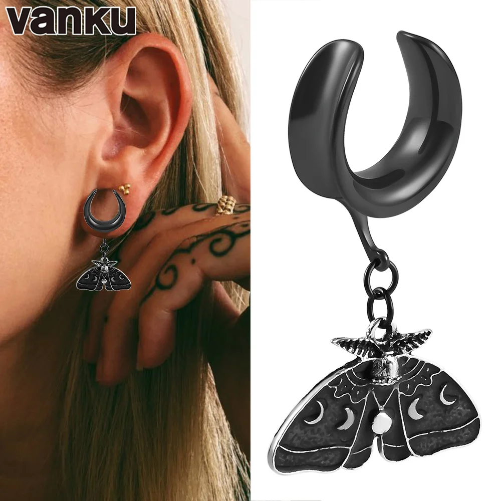 

Vanku 2PCS Trendy Dangle Moth Saddle Ear Plugs Piercing Body Jewelry Stainless Steel Ear Gauges Tunnels Stretchers