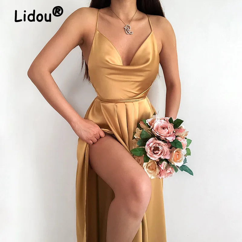 

Luxury Elegant Womene Satin Slip Dress Summer Sexy Fashion Pullover Backless High Waist Sleeveless Women's Long Dresses 2022 New