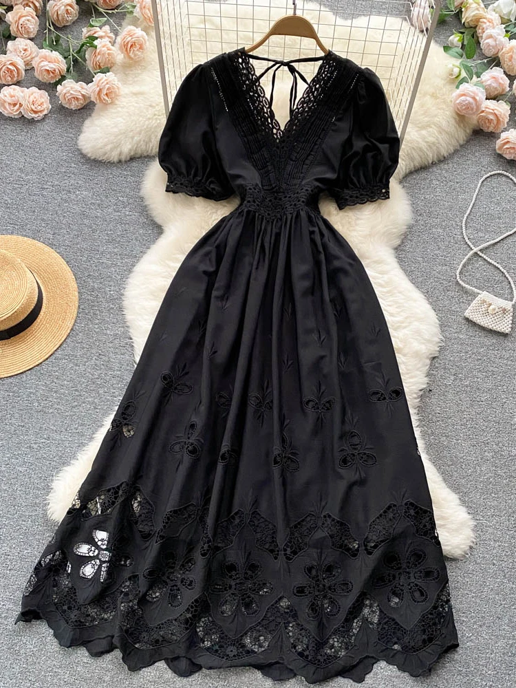 

Женское длинное платье во французском стиле, тонкое кружевное ТРАПЕЦИЕВИДНОЕ ПЛАТЬЕ во французском стиле с V-образным вырезом, рукавами-фонариками и высокой талией, D2972