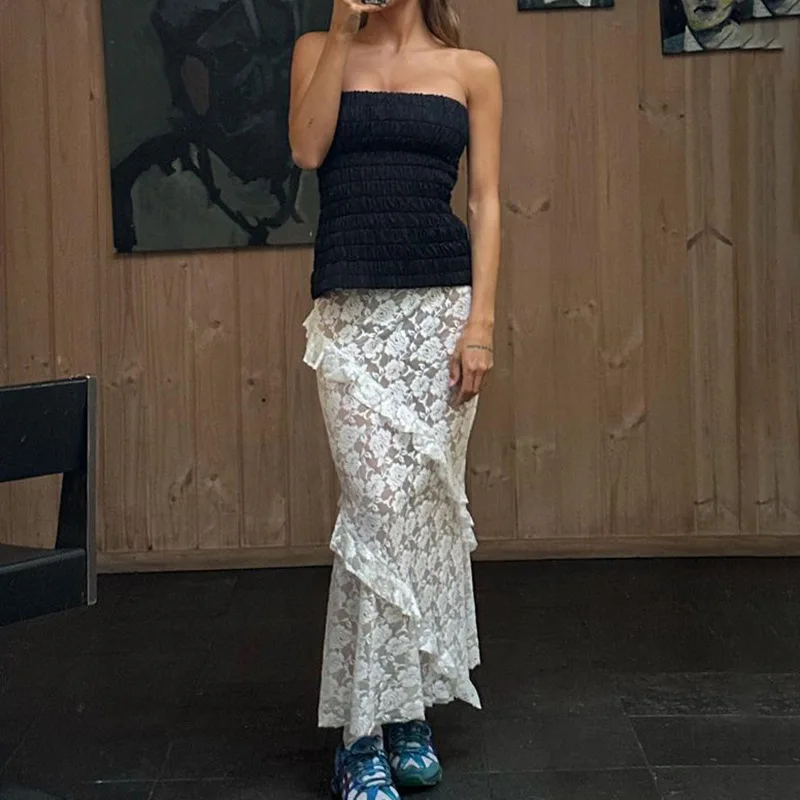 Сексуальная Прозрачная Кружевная Женская юбка SUSOLA черная Цветочная с высокой