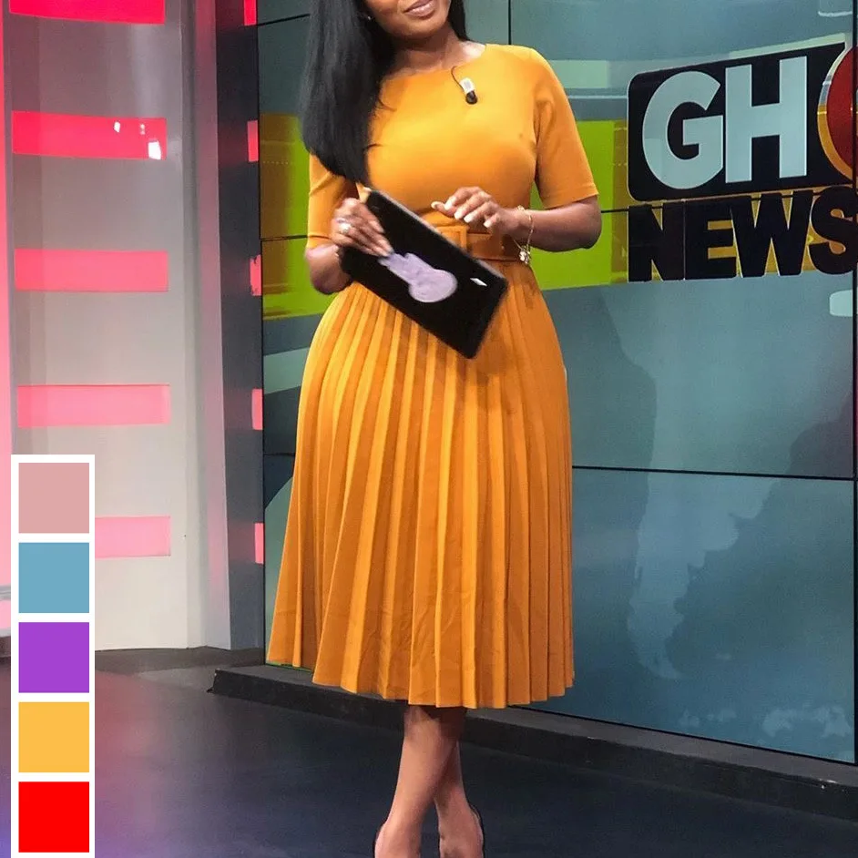 

Women's 2023 Summer Short Sleeve High Waist Yellow Pleated Dress African Large Dress Wedding Party Fashion