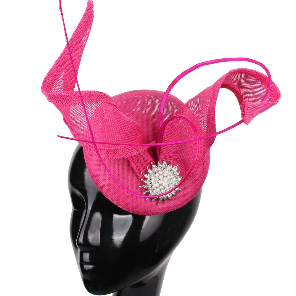 

Gorgeous Hot Pink Church Millinery Headpieces Fascinators Hat Bride Women Wedding Headdress Elegant Feathers Occasion Headwear