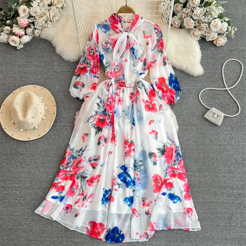 

Spring Summer New Women Mid-length Floral Print Dress Elegant Vestidos Bow Lace-up Puff Sleeve Ladies High Waist Chiffon Dresses