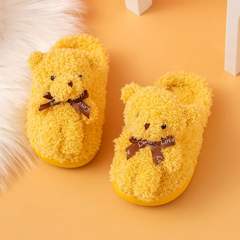 Bow Tied Bear Slides Clapper Shoes For Children Winter Indoor Slippers Big Boy Girl Furry Mules Shoes Kids Toddler House Slipper