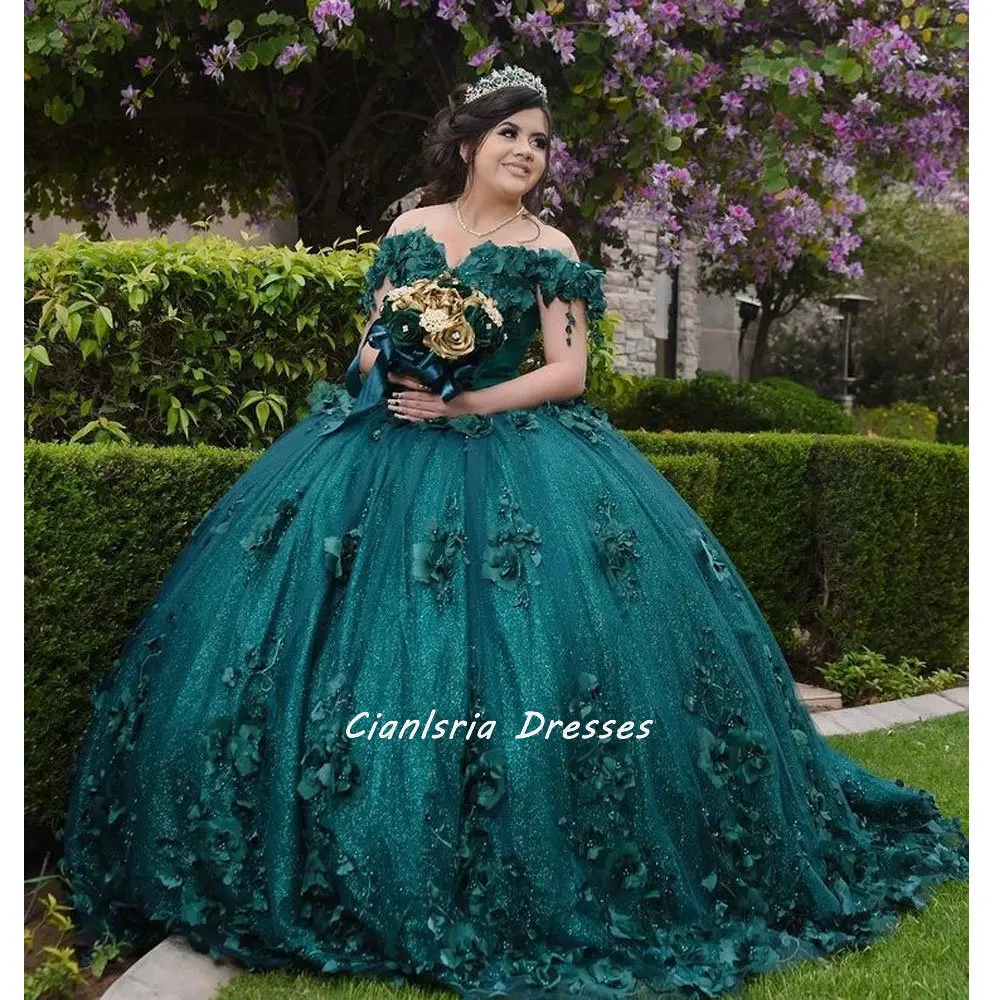 

Изумрудно-зеленое платье с открытыми плечами и кристаллами, бальное платье, 3D цветы, яркое платье, 15 лет