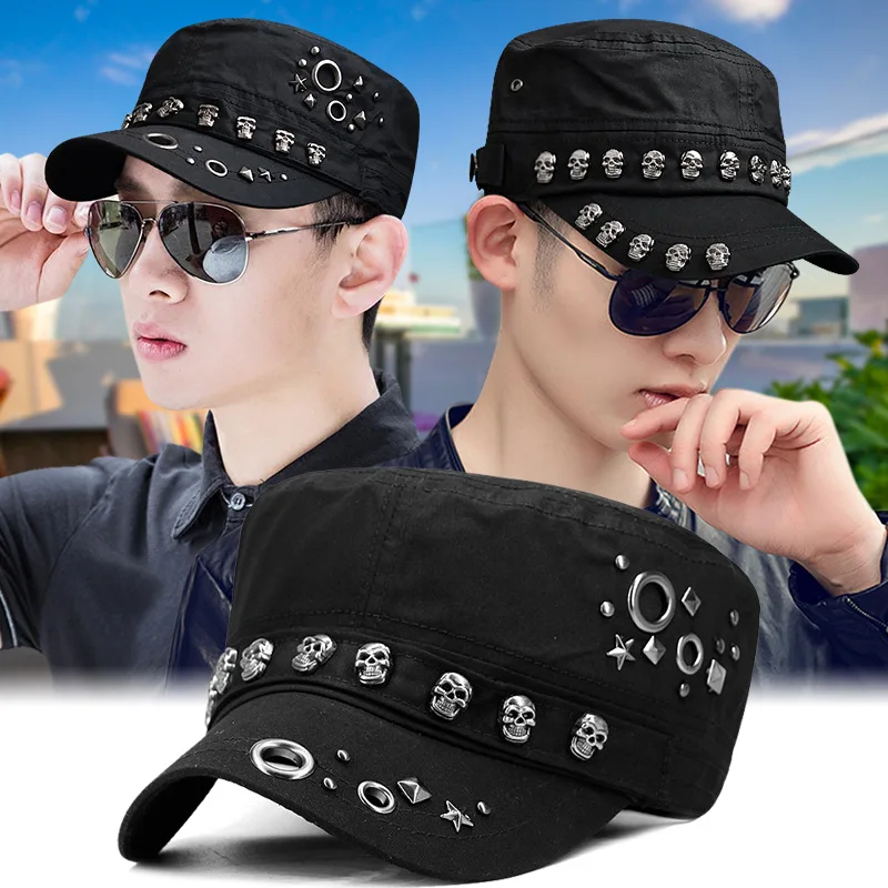 

Punk Skull Fitted Baseball Caps Cotton Hip-hop Rivet Flat Cap Outdoor Casual Military Cap for Women Men Flat Peaked Hats Black