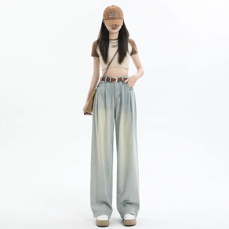 Jeans Women's Spring/Summer Commuter Pants Blue Youth Wide Leg Pants High Waist Loose Fit Pleated Straight Sweep Feel