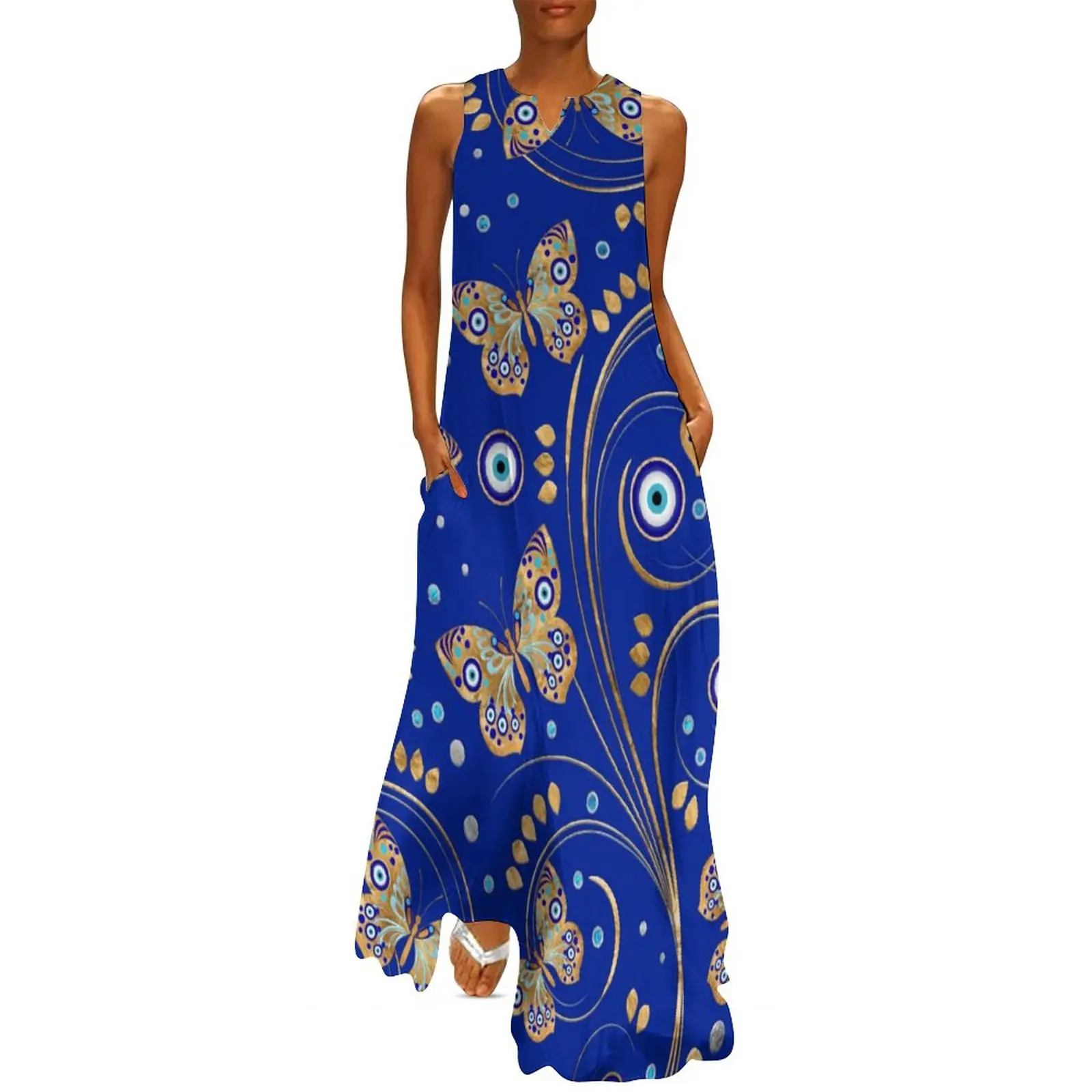 

Abstract Evil Eye Dress Golden Butterfly Elegant Maxi Dress Aesthetic Bohemia Long Dresses V Neck Graphic Clothes Big Size 5XL