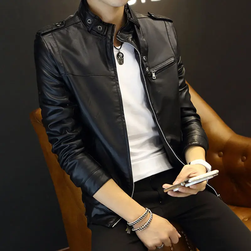 

New Men's Casual Fashion Leather Jackets Motorcycle PU Faux Jacket Male Autumn Leather Coats Slim Fit Mens Clothing W214