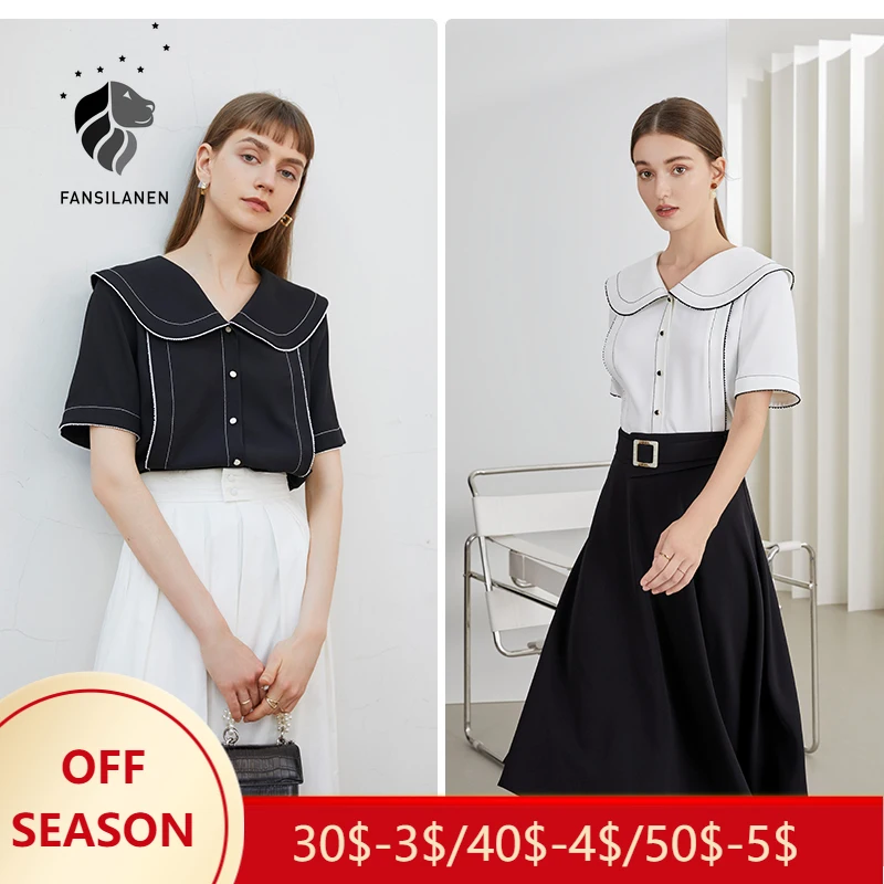 

FSLE Office Lady Retro Chiffon White Black Straight Shirt Summer 2021 Thin French Short-sleeved Design Niche Chic Tops