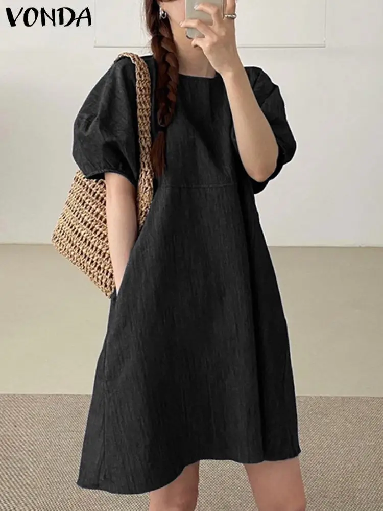 

Винтажное женское джинсовое платье VONDA, лето 2023, женский элегантный повседневный однотонный мини-сарафан с короткими рукавами-фонариками, Бандажное платье