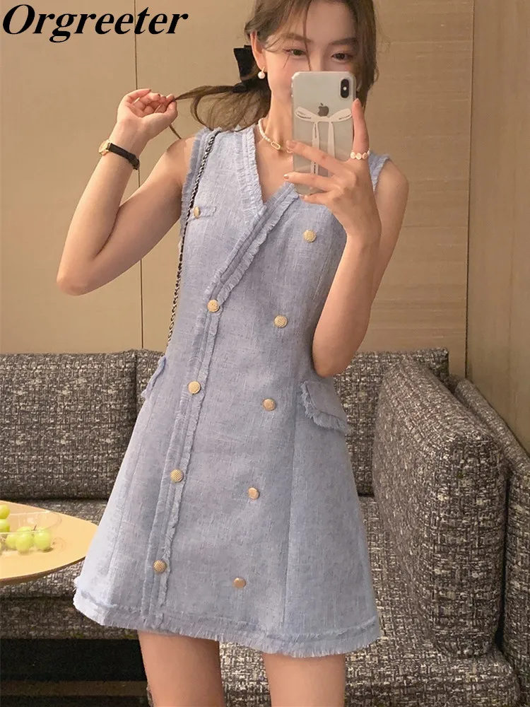 

Luxury Vintage Tweed Dresses For Women Korean Fashion Elegant Tassel Double-breasted Tank Woolen Summer Dress Mini Robes Vestido
