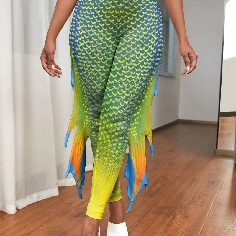 Женские леггинсы с русалкой узкие брюки 3D принтом высокой талией из рыбьей чешуи