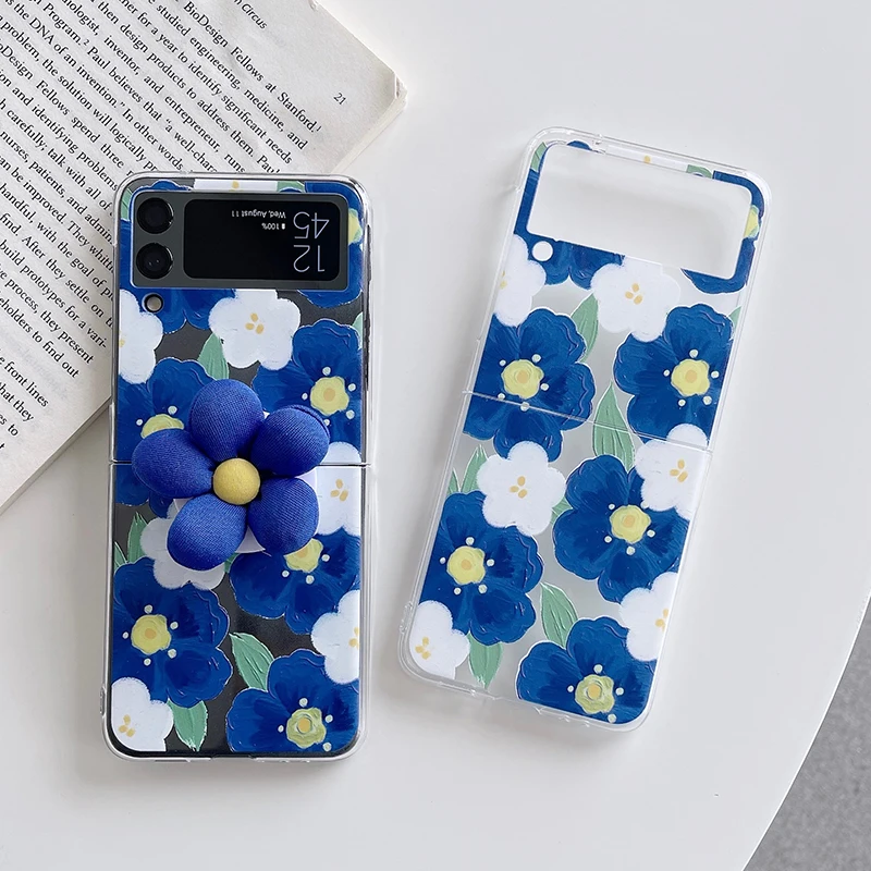 

Z Flip3 Oil Painting Floral Pattern Phone Case For Samsung Galaxy Z Flip 3 5G 3D Stuffed Klein Blue Cloth Flower Bracket Cover