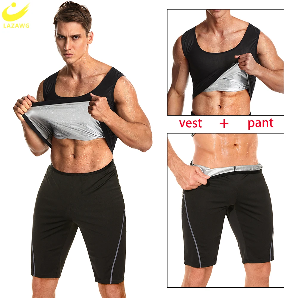 

LAZAWG Sauna Suit for Men Sweat Set Slimming Pants Weight Loss Vest Workout Shorts Fitness Tank Top Sport Body Shaper Fat Burner