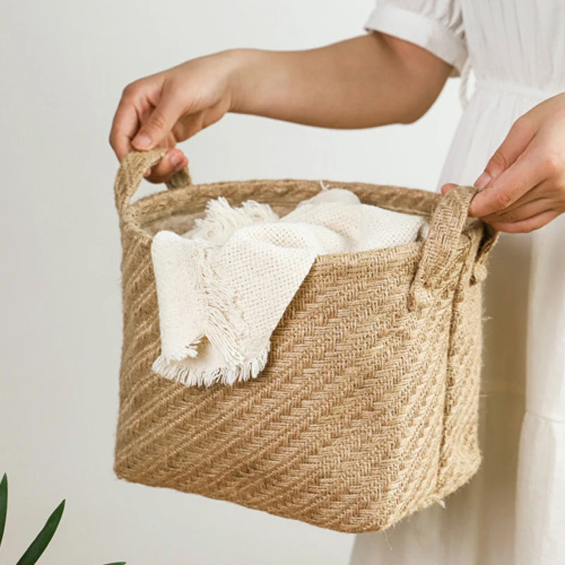 

Cotton Linen Woven Fabric Storage Basket Tabletop Bin Farmhouse Countryside Home Decoration for Toy Storage Box Flower Pot Cover
