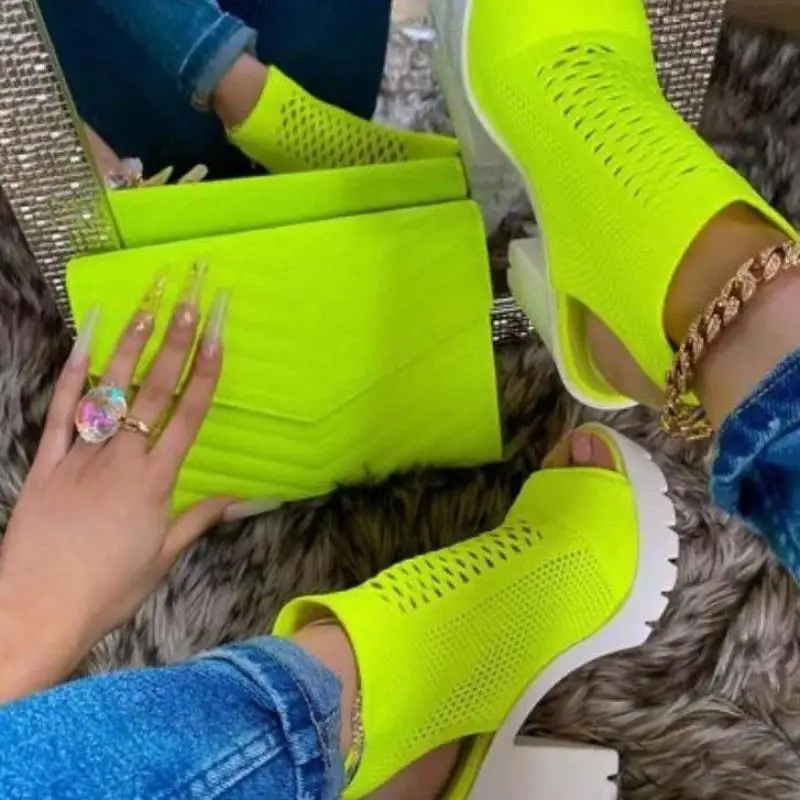 Summer Open Toe Sandals Women's 2022 New Sexy Knit Fabric Ladies Chunky Heels Dress Party Wedding Nightclub Heels 36-43 TGHDOF