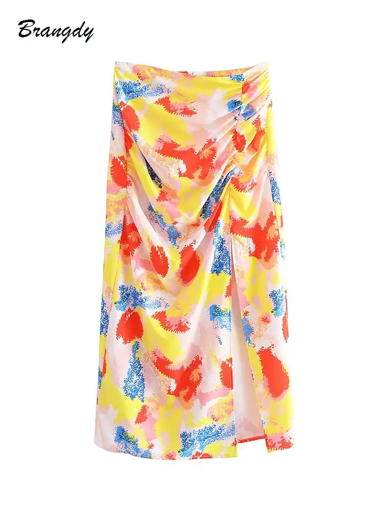 

Women's Skirt High-waisted Skirt Floral Oil Painting Printed Midi Skirt Split Pleated Vintage Summer Skirt Female Bottom Mujer