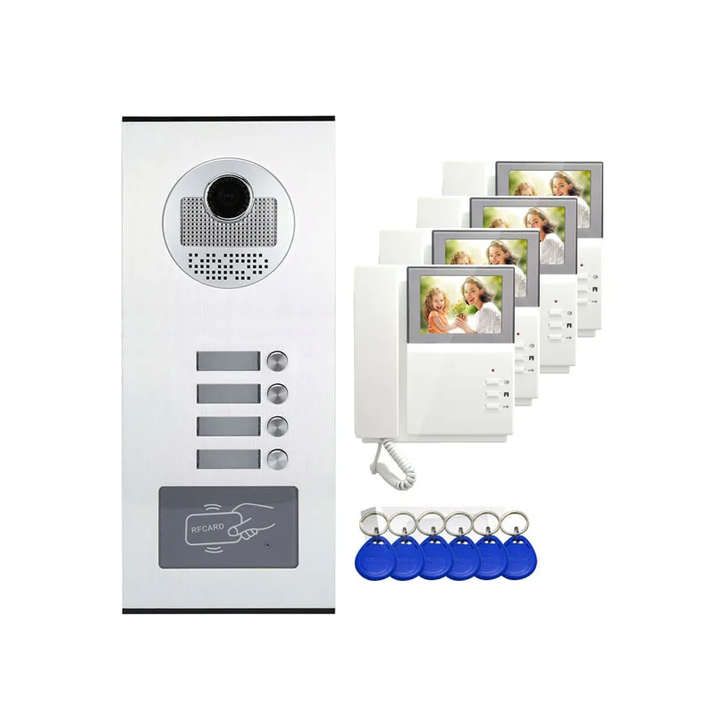 

RF Card Unlock Telephone Shape 4 Apartment Video Door Phone Intercom System Door Phones Ring Video Doorbell Wired