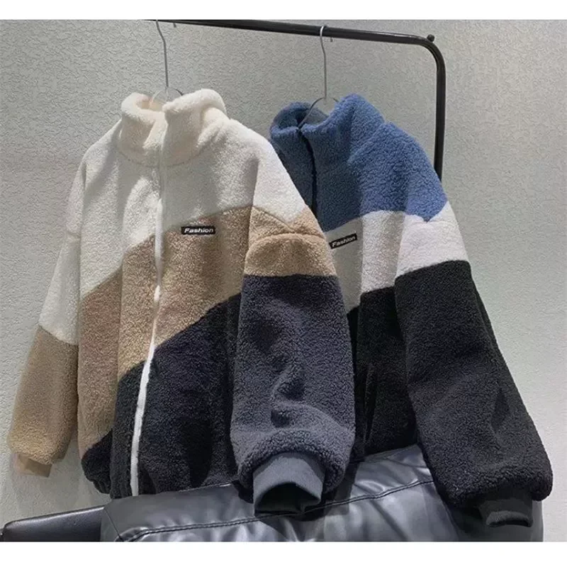 Winter New Style Men Coats Fashion Warm Lamb Wool Coat Warm Cotton Clothes Male Loose Stand-up Collar Zipper Tops 2021