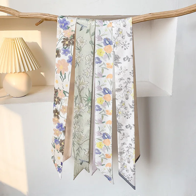 2023 японский выбор элегантные женские ленты для волос с цветами имитация шелка Маленький Длинный Шарф Сумки ленты шейный платок для девочек шарфы