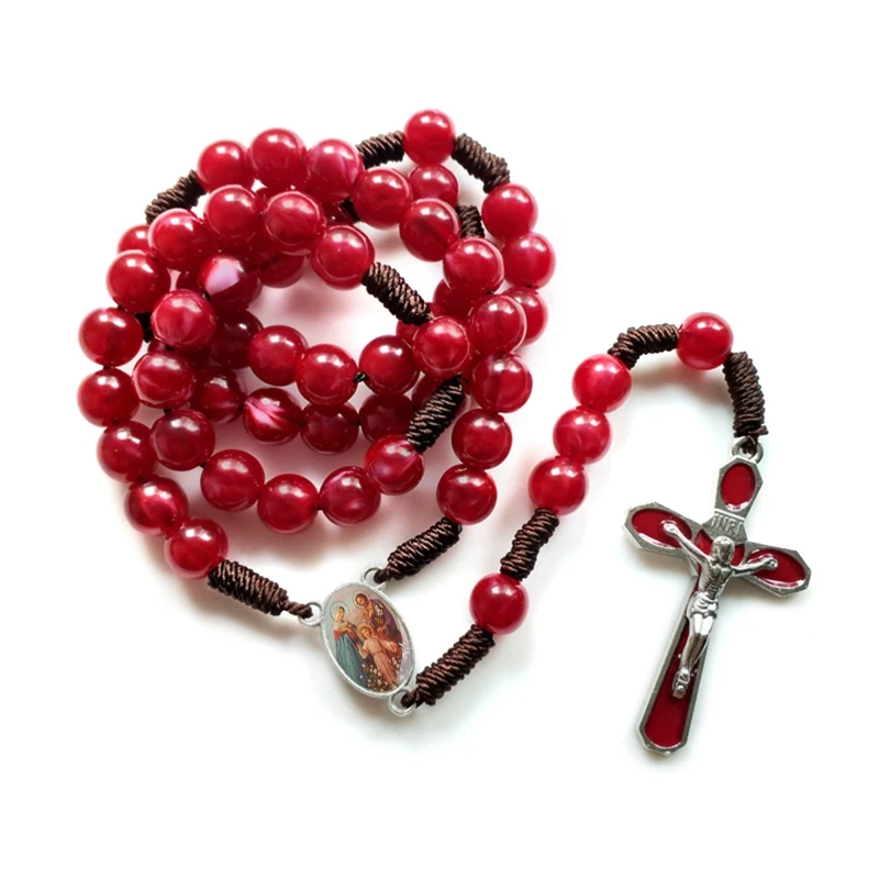 

10mm Acrylic Bead Rosary Necklace Vintage Weave Catholic Religious for Cross Jesus Pendant Necklaces for Men Women