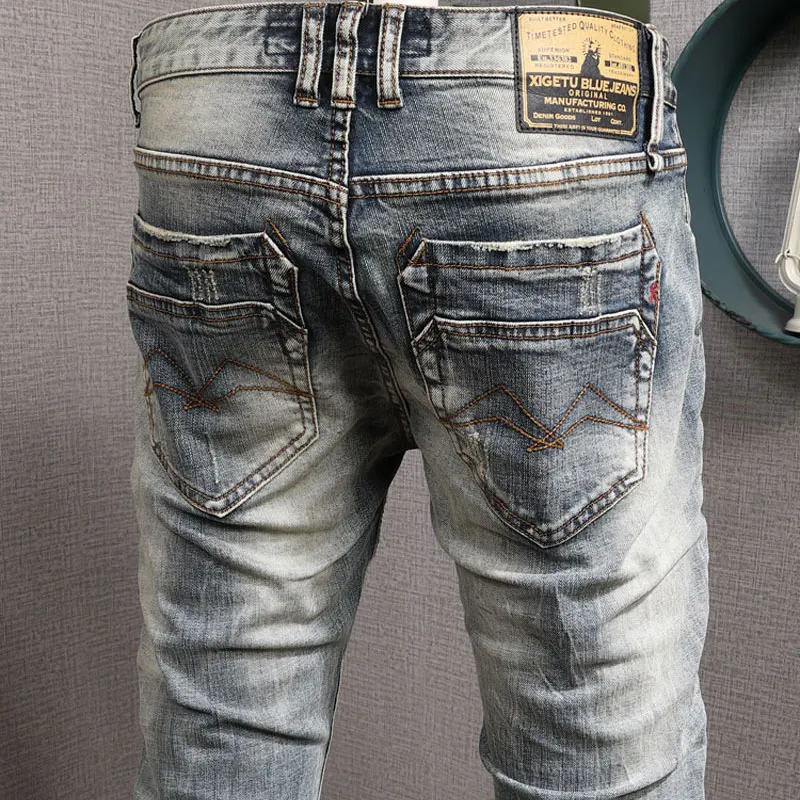 Fashion Designer Men Jeans High Quality Retro Washed Blue Elastic Stretch Slim Fit Ripped Jeans Men Vintage Denim Pants Hombre