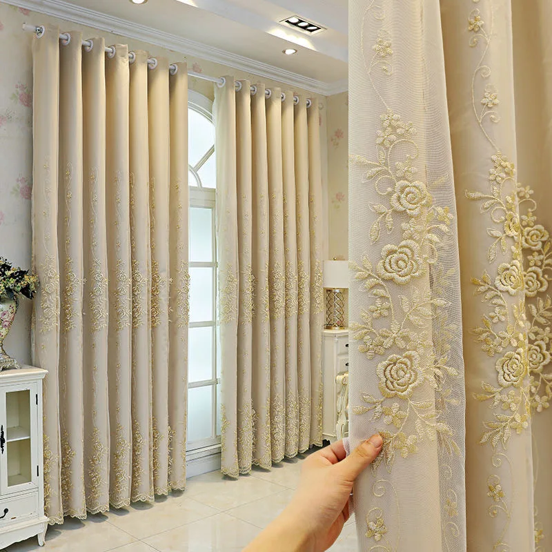 

French Elegant Double Layer Girls Window Curtains Light Luxury Gold Rose Embroidered Tulle Sheer Drapes For Living Room Bedroom