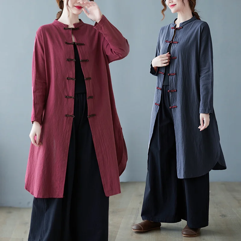 

Spring Autumn Thin Shirt Jacket Women Chinese Traditional Clothing Vintage Female National Style Harajuku Loose Mid-length Coat