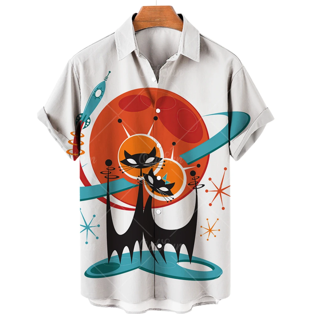 Shirt Men's cute kitten print Hawaii 2023 single chest V-neck casual quick-drying women's loose summer beach shirt oversized top