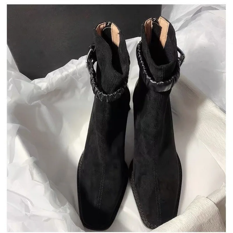 Женские ботильоны на высоком каблуке с квадратным носком модная замшевая