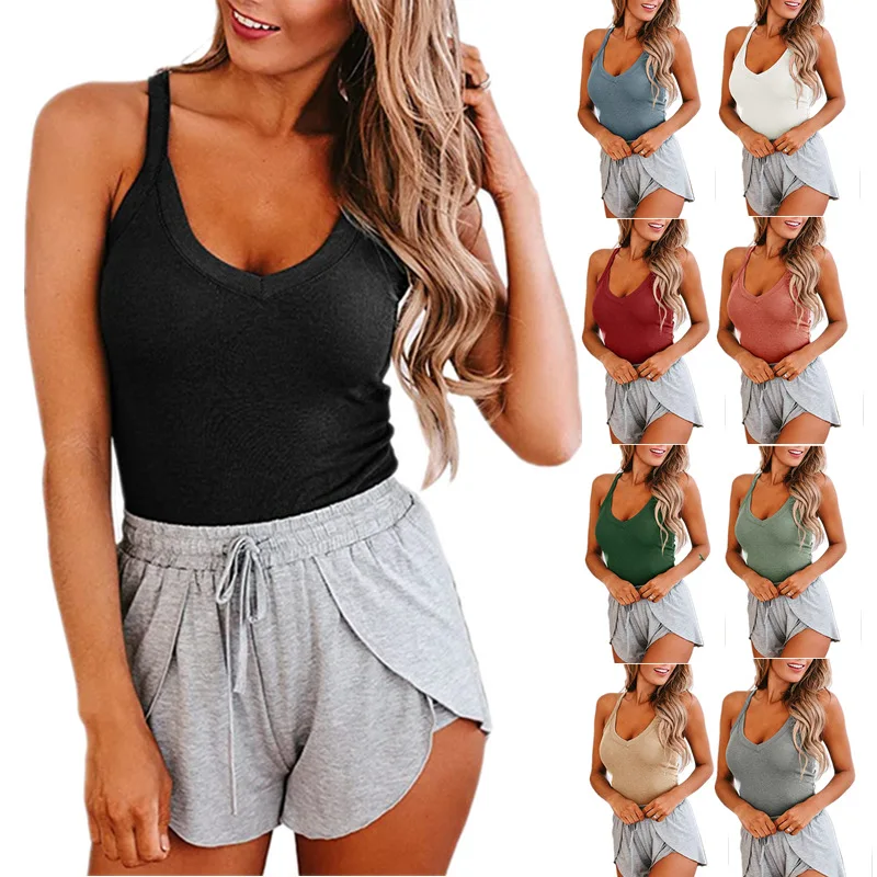 

2022 Spring and Summer New Women's Solid Color Pit Strip Sexy V-neck Suspenders Threaded Vest Casual Fashion All-match Top Women