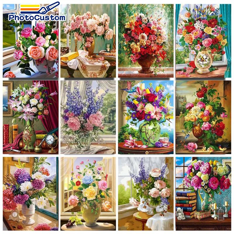 

PhotoCustom Painting By Number Colorful Flower Drawing Canvas Acrylic Handpainted Kit Pictures By Number For Home Wall Art Decor