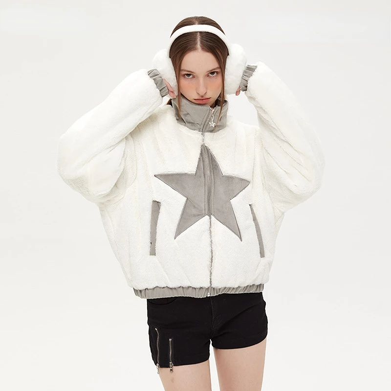 Plush Soft Waxy Five-pointed Star Pattern Lapel Color-blocking Cotton Coat for Women Small Design Sense Top Women