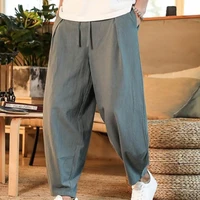 mens cotton linen pants solid japanese loose harem pants breathable hip hop wide leg trousers pantalon male casual clothing