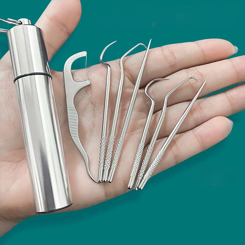 

New Stainless Steel Toothpick Set Metal Oral Cleaning Tooth Flossing Portable Toothpick Floss Teeth Cleaner with Storage Tube