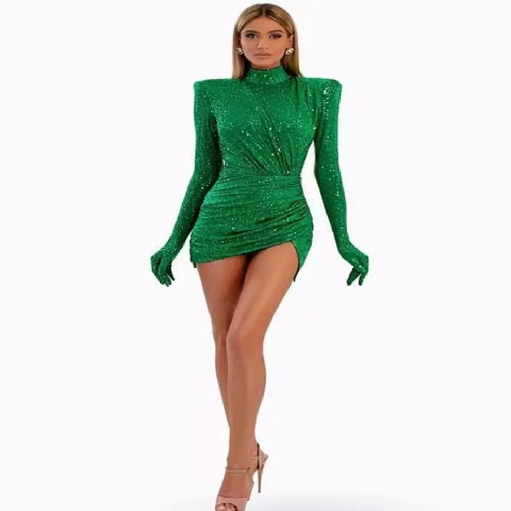 Fashion Style Women Dress Green Pleated Sequins Decoration Sexy Short Vestidos Elegant Long Sleeve Party Outfits Chic Streetwear