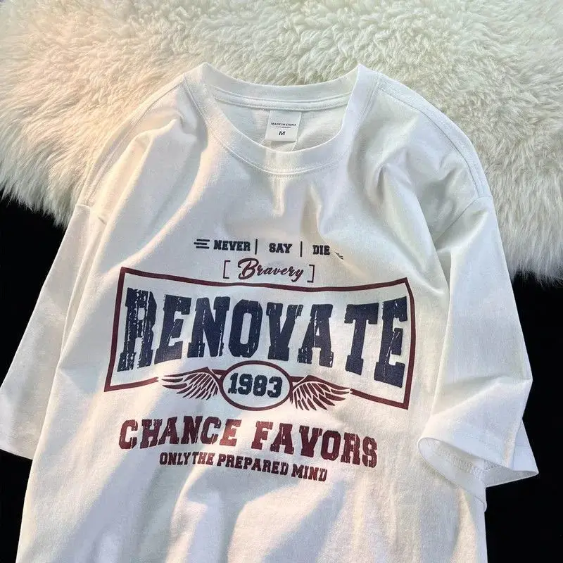 

Cotton American Retro Short Sleeved T-shirts for Men and Women Loose and Versatile Ins Trendy Couple Costume Half Sleeved Shirt