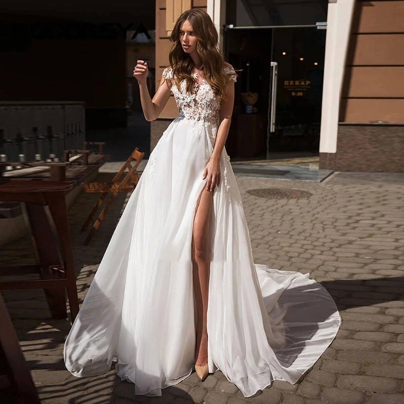 

Cap Sleeves Scoop Neck Simple Wedding Dress A-Line Chiffon Backless Lace Bride Gown Robe De Mariée Beach Long Wedding Gown