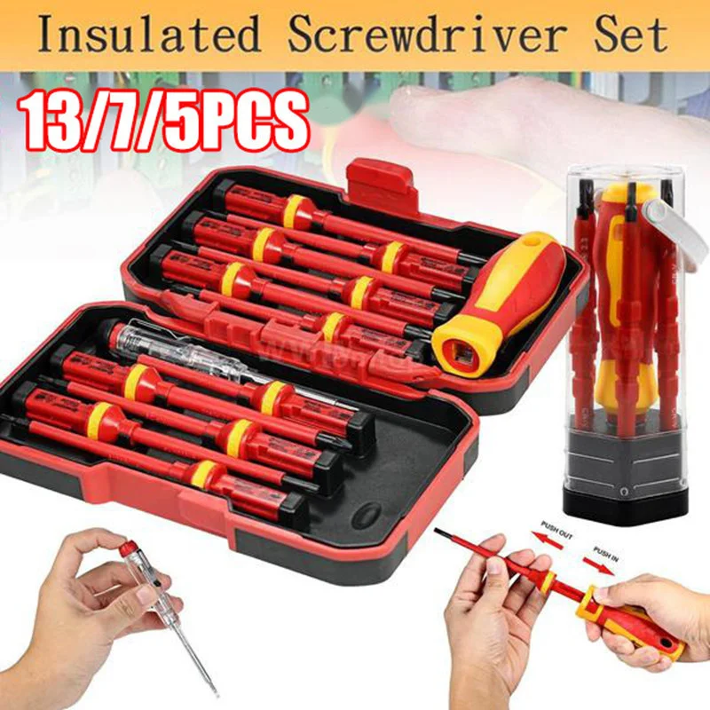 

5/7/13pcs 1000V Changeable Insulated Screwdrivers with Magnetic Slotted Phillips Pozidriv Torx Bits Electrician Repair Tools Kit