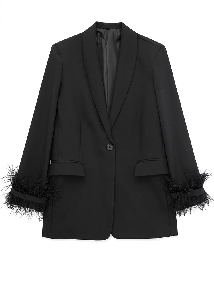 

Женский блейзер на пуговицах, повседневный элегантный пиджак с длинным рукавом и черными перьями, зима 2022