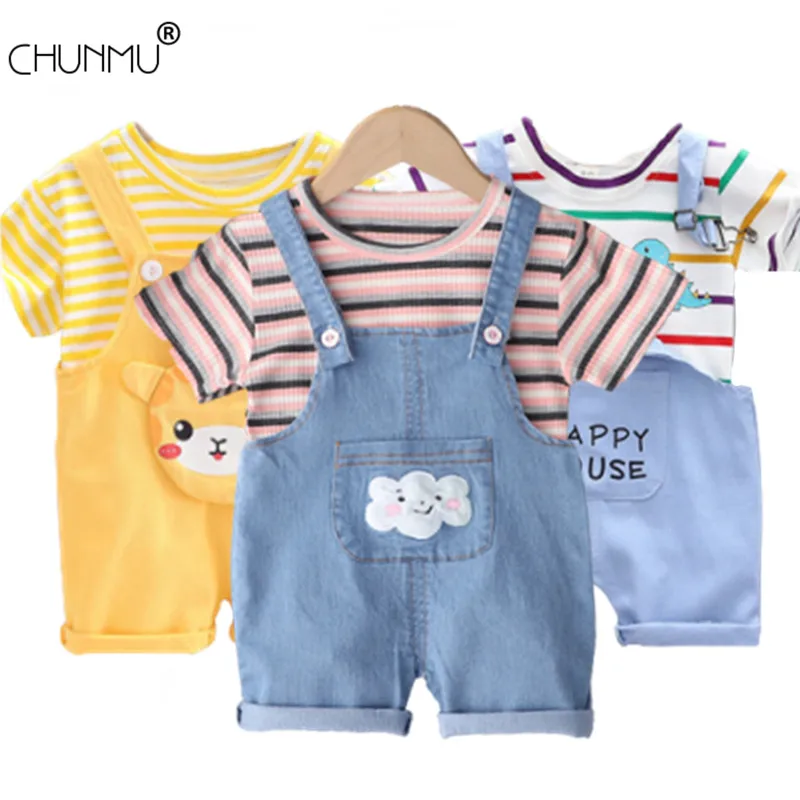 

Summer Baby Short Sleeve Clothing Boys and Girls Cotton Tracksuit Striped Top + Overalls For Toddler Children Casual Clothing