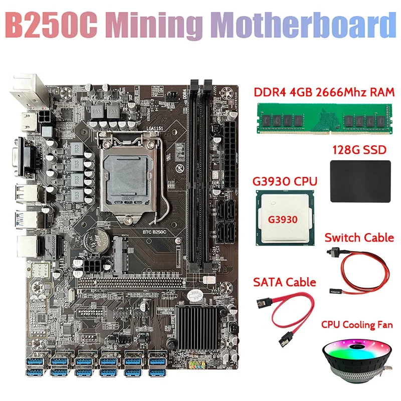 

Материнская плата для майнинга B250C + процессор G3930 + DDR4 4 ГБ ОЗУ + 128G SSD + вентилятор RGB + кабель переключения + кабель SATA 12XPCIE к ГПУ слоту для карты ...