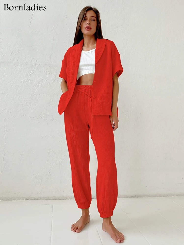 

Женские повседневные хлопковые костюмы Bornladies, нестандартная рубашка с коротким рукавом, комплект из 2 предметов, свободные брюки-карандаш с...