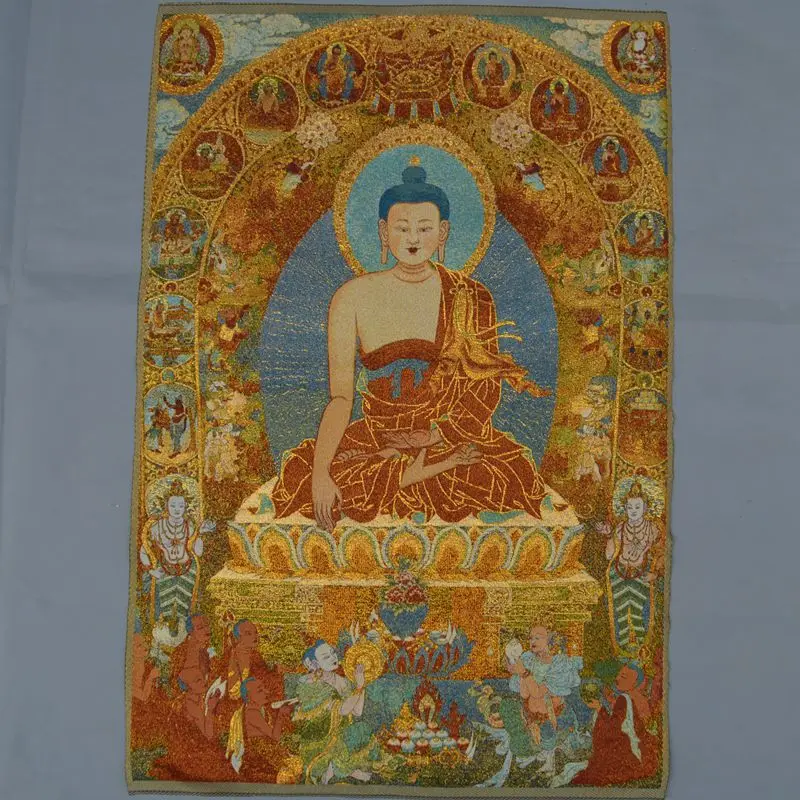 

36" Tibet Buddhism Silk Cloth Red Shakyamuni Buddha Thangka Embroidery Mural