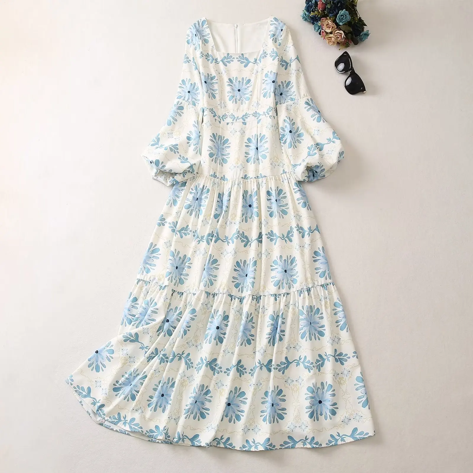 

Женское платье в европейском и американском стиле, Новое Стильное плиссированное платье с квадратным вырезом, длинным рукавом-фонариком и цветочным принтом, лето 2023