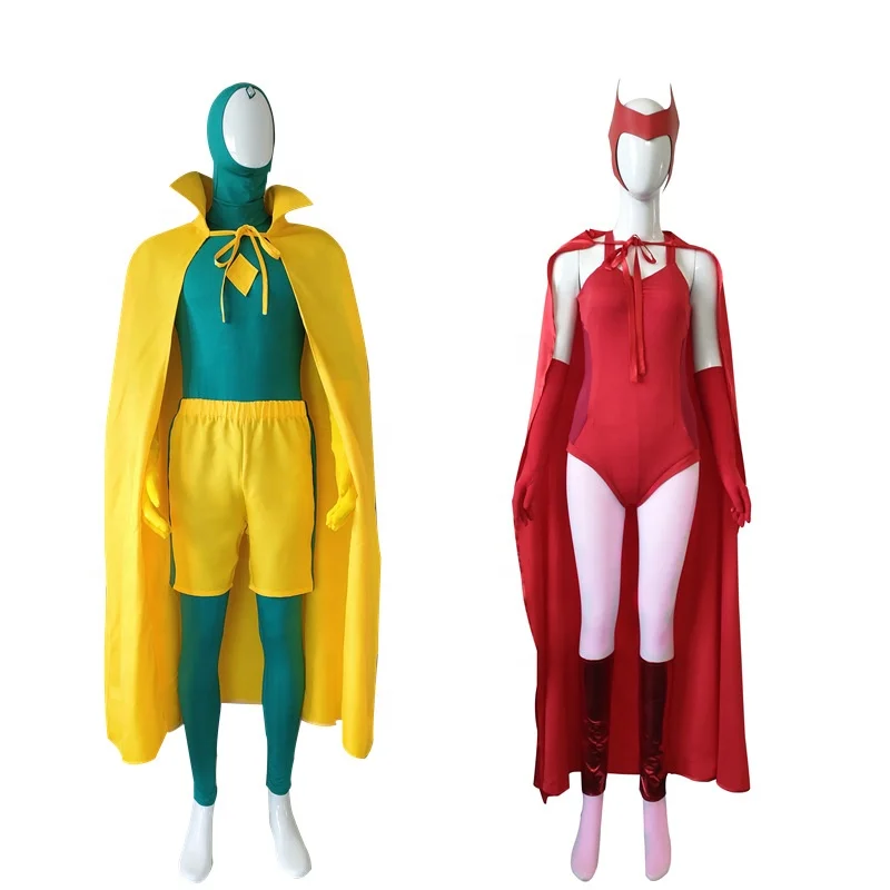 

Halloween Cosplay Bodysuit Zentai TV Superhero Costume Wanda Scarlet Vision Sets with Cloak and Face Covering