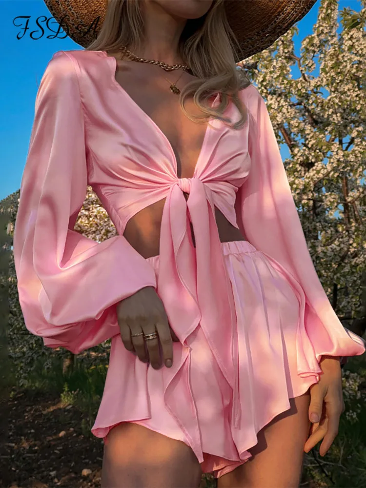 

FSDA Satin Two Piece Set Club Summer Long Sleeve Crop Top Shirts And Shorts Party Women Outfits Elegant Beach Sexy 2022