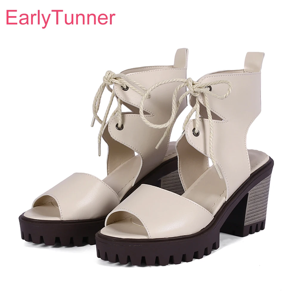 

Женские босоножки на высоком каблуке, бежевые или Белые Повседневные босоножки на шнуровке, большие размеры до 43, летний сезон